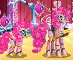 Size: 592x487 | Tagged: safe, gameloft, pinkie pie, earth pony, gynoid, pony, robot, robot pony, g4, my little pony: magic princess, cropped, duality, female, pinkie bot, roboticization, solo