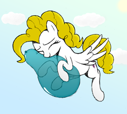 Size: 3646x3288 | Tagged: safe, artist:mizhisha, surprise, pegasus, pony, g1, g4, adoraprise, balloon, cloud, cuddling, cute, eyes closed, female, flying, g1 to g4, generation leap, happy, high res, hug, mare, sky, smiling, solo, sun, surprise can fly, that pony sure does love balloons