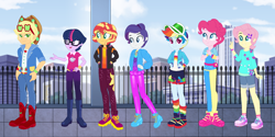Size: 1500x750 | Tagged: safe, artist:aquejandro99, applejack, fluttershy, pinkie pie, rainbow dash, rarity, sci-twi, sunset shimmer, twilight sparkle, human, equestria girls, equestria girls specials, g4, my little pony equestria girls: better together, my little pony equestria girls: sunset's backstage pass, applejack (male), boots, bubble berry, butterscotch, clothes, dusk shine, elusive, equestria guys, glasses, humane five, humane seven, humane six, male, music festival outfit, rainbow blitz, rainbow socks, rule 63, sci-dusk, shoes, socks, striped socks, sunset glare, younger