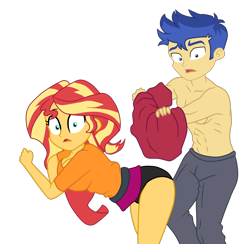 Size: 2000x1950 | Tagged: safe, artist:gmaplay, flash sentry, sunset shimmer, human, equestria girls, g4, ass up, bent over, black panties, breasts, bunset shimmer, busty sunset shimmer, caught, clothes, duo, female, looking at you, male, misunderstanding, moment killer, panties, partial nudity, partially undressed, ship:flashimmer, shipping, simple background, straight, transparent background, underwear, undressing