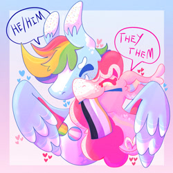 Size: 1000x1000 | Tagged: safe, artist:sugvr_alien, pinkie pie, rainbow dash, earth pony, pegasus, pony, g4, alternate design, gender headcanon, hug, nonbinary, nonbinary pride flag, pride, pride flag, pronouns, rainbow flag, redesign, ship:pinkiedash, shipping, solo, t4t, transgender, transgender pride flag, winghug, wings