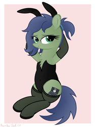 Size: 3016x4032 | Tagged: safe, artist:rainbowšpekgs, oc, oc:gray hat, earth pony, pony, bedroom eyes, bunny ears, bunny suit, chest fluff, clothes, female, mare, sitting