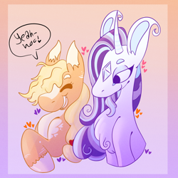 Size: 1000x1000 | Tagged: safe, artist:sugvr_alien, applejack, rarity, earth pony, pony, unicorn, g4, alternate design, butch, duo, female, gradient background, heart, lesbian, redesign, ship:rarijack, shipping, speech bubble