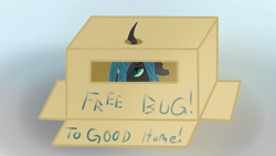 Size: 1920x1080 | Tagged: safe, artist:countderpy, derpibooru exclusive, queen chrysalis, changeling, changeling queen, g4, box, cardboard box, changeling in a box, female, horn, solo, text
