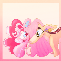 Size: 1000x1000 | Tagged: safe, artist:sugvr_alien, fluttershy, pinkie pie, deer, earth pony, pony, g4, alternate design, duo, female, flutterdeer, gradient background, lesbian, redesign, ship:flutterpie, shipping, species swap