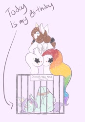 Size: 1423x2048 | Tagged: safe, artist:mscolorsplash, oc, oc:color splash, oc:mod chi, pegasus, pony, unicorn, semi-anthro, arm hooves, bondage, butt, cage, duo, duo female, female, frown, hat, hogtied, lips, looking at you, looking back, looking back at you, lying down, mare, on back, party hat, pink background, plot, rope, simple background, text