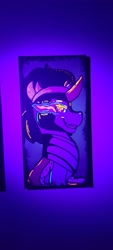 Size: 1816x4032 | Tagged: safe, artist:lbrcloud, part of a set, king sombra, pony, unicorn, g4, blacklight, bust, crown, dark magic, evil smile, glow in the dark, glowing, glowing eyes, grin, jewelry, magic, portrait, profile, regalia, smiling, solo, traditional art