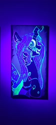 Size: 1816x4032 | Tagged: safe, artist:lbrcloud, part of a set, queen chrysalis, changeling, changeling queen, g4, blacklight, bust, evil smile, glow in the dark, grin, portrait, profile, smiling, solo, traditional art