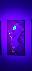 Size: 1816x4032 | Tagged: safe, artist:lbrcloud, part of a set, discord, draconequus, g4, blacklight, bust, glow in the dark, glowing, glowing eyes, portrait, profile, sharp teeth, smiling, solo, teeth, traditional art