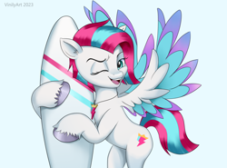 Size: 2556x1892 | Tagged: safe, artist:vinilyart, zipp storm, pegasus, pony, g5, hot day huh?, my little pony: tell your tale, spoiler:g5, spoiler:my little pony: tell your tale, spoiler:tyts01e57, alternate hairstyle, bipedal, colored wings, high res, jewelry, leg hold, one eye closed, pendant, simple background, smiling, solo, spread wings, surfboard, unshorn fetlocks, wet, wet mane, wings, wink