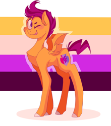 Size: 530x601 | Tagged: artist needed, source needed, safe, scootaloo, pegasus, pony, g4, abstract background, blushing, concave belly, cute, cutealoo, ear fluff, fanfic art, long legs, nonbinary, nonbinary pride flag, one eye closed, pride, pride flag, pride flag background, slender, smiling, solo, thin, tongue out, wink