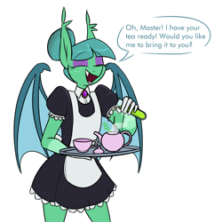 Size: 2073x2076 | Tagged: safe, artist:moonatik, oc, oc only, oc:carte blanche, bat pony, anthro, anthro oc, apron, bat pony oc, clothes, coat markings, cup, dress, eyeshadow, femboy, freckles, gloves, hair bun, high res, maid, makeup, male, poison, simple background, skull and crossbones, smiling, socks (coat markings), stallion, teacup, teapot, tray, vial, white background