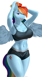 Size: 2136x3848 | Tagged: safe, alternate version, artist:kelkessel, rainbow dash, pegasus, anthro, g4, arm behind head, armpits, belly button, biting, breasts, busty rainbow dash, cleavage, clothes, female, high res, midriff, shorts, signature, simple background, smiling, solo, sweat, tongue bite, tongue out, white background