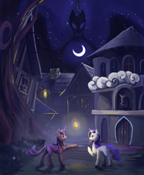 Size: 2051x2500 | Tagged: safe, alternate version, artist:dalagar, princess luna, rarity, twilight sparkle, alicorn, pony, unicorn, fanfic:the enchanted kingdom, fanfic:the enchanted library, g4, commission, commissioner:shaddar, fanfic art, female, high res, jewelry, lantern, magic, necklace, night, stars, telekinesis, twilight sparkle (alicorn)