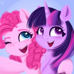 Size: 2000x2000 | Tagged: safe, artist:galaxy swirl, pinkie pie, twilight sparkle, alicorn, earth pony, pony, g4, colored eyebrows, cute, diapinkes, duo, duo female, eyebrows, female, happy, high res, horn, lesbian, looking at you, mare, one eye closed, open mouth, open smile, ship:twinkie, shipping, smiling, smiling at you, twiabetes, twilight sparkle (alicorn)