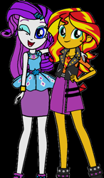 Size: 552x946 | Tagged: safe, screencap, rarity, sunset shimmer, human, equestria girls, g4, belt, boots, bracelet, clothes, cutie mark on clothes, eyeshadow, frilly design, geode of empathy, geode of shielding, grin, hairpin, hand on hip, hand on shoulder, high heels, jewelry, just friends, leather, leather boots, leather vest, legs, magical geodes, makeup, necklace, one eye closed, open mouth, open smile, pencil skirt, pendant, rarity peplum dress, shoes, shoulderless shirt, skirt, sleeveless, smiling, spikes, tank top, vest, wink