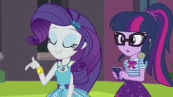 Size: 1280x720 | Tagged: safe, screencap, rarity, sci-twi, twilight sparkle, human, equestria girls, equestria girls series, g4, text support, text support: rarity, :o, belt, bowtie, bracelet, cellphone, clothes, duo, duo female, eyes closed, eyeshadow, female, finger snap, frilly design, geode of shielding, geode of telekinesis, glasses, hairpin, jewelry, just friends, magical geodes, makeup, open mouth, pendant, phone, polo shirt, ponytail, skirt, sleeveless, smartphone, smiling, tank top, teeth