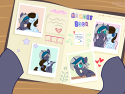 Size: 8000x6000 | Tagged: safe, artist:dedussss, oc, oc only, oc:elizabat stormfeather, oc:krissy, alicorn, bat pony, bat pony alicorn, pegasus, pony, alicorn oc, bat pony oc, bat wings, commission, cute, eyes closed, female, heart, horn, hug, journal, mare, memories, one eye closed, open mouth, photo, wings, wink, ych result
