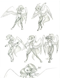 Size: 1050x1359 | Tagged: safe, artist:baron engel, fluttershy, pegasus, anthro, unguligrade anthro, g4, breasts, busty fluttershy, clothes, dancing, female, leggings, mare, monochrome, pencil drawing, simple background, sports bra, traditional art, white background, yay