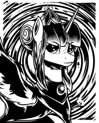 Size: 2400x3000 | Tagged: safe, artist:poxy_boxy, oc, oc only, alicorn, earth pony, pony, abstract background, alicorn oc, black and white, commission, female, grayscale, high res, horn, looking at you, mare, monochrome, smiling, smiling at you, solo, wings