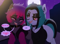 Size: 3392x2492 | Tagged: safe, artist:dibujito, oc, oc:dib, oc:tupu, pony, choker, cross, drugs, ear piercing, high res, inverted cross, laughing, looking at each other, looking at someone, marijuana, moon, night, piercing, spiked choker