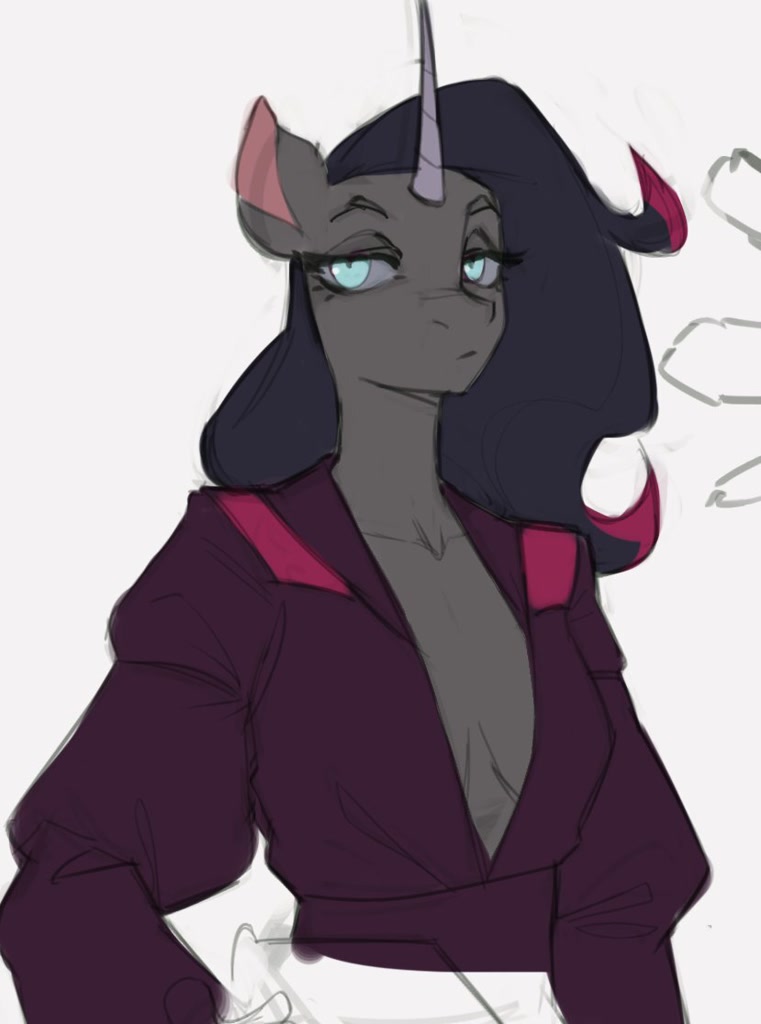 [anthro,breasts,bust,cleavage,female,mare,safe,simple background,solo,unicorn,white background,wip,braless,lidded eyes,community related,them's fightin' herds,absolute cleavage,artist:cadillac-dynamite,oleander (tfh)]