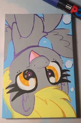 Size: 1622x2459 | Tagged: safe, artist:lbrcloud, derpy hooves, pegasus, pony, g4, bubble, bust, cute, derpabetes, portrait, smiling, spread wings, traditional art, upside down, wings