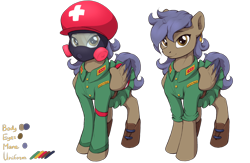 Size: 3072x2000 | Tagged: safe, artist:rnghat, derpibooru exclusive, oc, oc only, oc:nguyet, pegasus, pony, bag, belt, boots, clothes, collar patches, ear piercing, earring, gas mask, high res, jewelry, mask, medic, medical saddlebag, military uniform, name tag, pegasus oc, piercing, reference sheet, shoes, simple background, skirt, transparent background, uniform