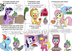 Size: 1754x1240 | Tagged: safe, artist:kturtle, applejack, cherry berry, fluttershy, pinkie pie, rainbow dash, rarity, spike, twilight sparkle, dragon, earth pony, pegasus, pony, unicorn, g4, apple, armenian, comic, computer, dart board, eric idle, food, laptop computer, mane seven, mane six, monty python, pasta, pun, simple background, spaghetti, swiss, translated in the comments, white background