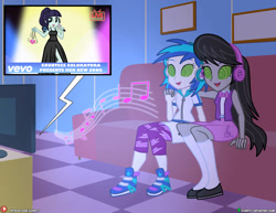 Size: 1017x786 | Tagged: safe, artist:dieart77, coloratura, dj pon-3, octavia melody, vinyl scratch, human, equestria girls, g4, evening gown, headphones, hypno eyes, hypnosis, hypnotized, jewelry, microphone, music video, pendant, rara, singing, swirly eyes, television