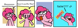 Size: 2033x732 | Tagged: safe, artist:punkittdev, pinkie pie, earth pony, pony, g4, :3, :d, ^u^, candy, comic, cute, dialogue, diapinkes, dot eyes, female, food, mare, open mouth, open smile, pinkie being pinkie, smiling, solo, speech bubble, tongue out, twix