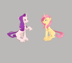 Size: 1429x1256 | Tagged: safe, artist:pascal571, fluttershy, rarity, pony, unicorn, g4, concave belly, duo, female, gray background, looking at each other, looking at someone, mare, missing cutie mark, race swap, simple background, sitting, slender, thin, unicorn fluttershy