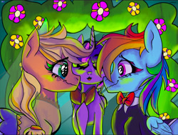 Size: 2575x1942 | Tagged: safe, artist:bcat1711, applejack, rainbow dash, twilight sparkle, alicorn, earth pony, pegasus, pony, g4, bible, bowtie, clothes, eyes closed, female, high res, hoof hold, lesbian, looking at each other, looking at someone, mare, marriage, ship:appledash, shipping, smiling, smiling at each other, trio, tuxedo, twilight sparkle (alicorn), wavy mouth, wedding