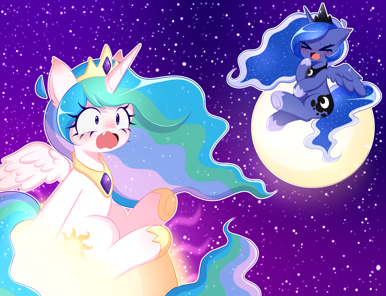 [alicorn,background,commission,cute,fangs,laughing,meme,moon,pain,pony,princess celestia,princess luna,safe,siblings,sisters,sun,cute little fangs,tangible heavenly object,royal sisters,literal butthurt,artist:arwencuack]