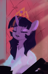 Size: 1500x2312 | Tagged: safe, artist:hierozaki, twilight sparkle, alicorn, pony, g4, clothes, coat, crepuscular rays, eyes closed, female, mare, new crown, open mouth, solo, throne, twilight sparkle (alicorn)
