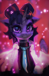 Size: 1500x2312 | Tagged: safe, artist:hierozaki, twilight sparkle, alicorn, cyborg, cyborg pony, pony, g4, abstract background, alternate hairstyle, female, floppy ears, grin, looking at you, mare, necktie, smiling, smiling at you, solo, starry eyes, twilight sparkle (alicorn), wingding eyes