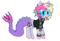 Size: 8000x5500 | Tagged: safe, artist:cactuscruncher, derpibooru exclusive, oc, oc only, oc:jeffree "jepha" von slaughter, half-siren, hybrid, siren, absurd resolution, belly scales, blonde hair, blonde mane, blue eyes, blushing, bracelet, clothes, dyed mane, emo, fangs, fins, fish tail, freckles, horn, jewelry, long tail, long tongue, looking forward, male, multicolored body, multicolored hair, necklace, open mouth, pendant, purple coat, scaled underbelly, scales, scarf, scene, sharp teeth, shiny eyes, shirt, simple background, siren oc, slit pupils, smiling, solo, standing, sweatband, t-shirt, tail, teeth, tongue out, transparent background