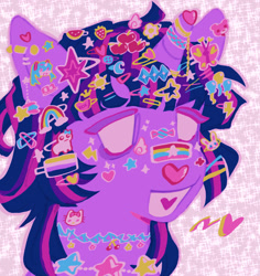 Size: 1026x1089 | Tagged: safe, artist:girl-bug 925, twilight sparkle, bear, butterfly, pony, rabbit, unicorn, g4, animal, applejack's cutie mark, autism creature, blank eyes, bust, button, candy, cherry, choker, crown, ear piercing, earring, flower, food, hairclip, hatsune miku, heart, heart candy, heart tongue, hello kitty, horn, horn ring, jewelry, lidded eyes, nonbinary pride flag, open mouth, piercing, pink background, pinkie pie's cutie mark, pride, pride flag, rainbow, regalia, ring, shooting star, simple background, smiling, solo, sparkles, stars, sticker, strawberry, sun, vocaloid, watermelon, wings