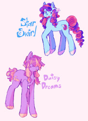 Size: 729x1000 | Tagged: safe, artist:girl-bug 925, daisy dreams, star swirl, earth pony, pony, g4, bandaid, bandaid on nose, beanbrows, colored hooves, duo, ear piercing, earring, eyebrows, hair over eyes, jewelry, open mouth, piercing, ponytail, simple background, standing, text, toy interpretation, unshorn fetlocks, white background