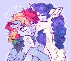 Size: 3300x2800 | Tagged: safe, artist:eeelt, rainbow dash, rarity, pegasus, pony, unicorn, g4, blue background, cheek kiss, eyes closed, female, fluffy, heart, heart eyes, high res, kissing, lesbian, mare, ship:raridash, shipping, simple background, smiling, wingding eyes