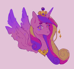 Size: 645x604 | Tagged: safe, artist:girl-bug 925, princess cadance, alicorn, pony, g4, bust, female, jewelry, mare, pink background, regalia, simple background, solo, spread wings, starry eyes, wingding eyes, wings