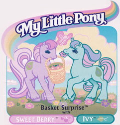 Size: 521x541 | Tagged: safe, ivy, sweet berry, butterfly, earth pony, pony, g2, official, backcard, basket, basket surprise, diaberry, duo, duo female, female, flower, flower field, grass, grass field, ivybetes, mare, my little pony logo, outdoors, text