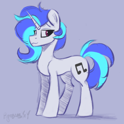Size: 2048x2048 | Tagged: safe, artist:pegasusyay, dj pon-3, vinyl scratch, pony, unicorn, g4, alternate hairstyle, colored, colored sketch, concave belly, high res, lavender background, looking at you, looking back, side view, simple background, sketch, smiling, solo, standing