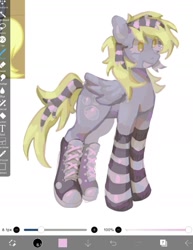 Size: 1092x1416 | Tagged: safe, artist:girl-bug 925, derpy hooves, pegasus, pony, g4, :d, boots, clothes, converse, coontails, open mouth, open smile, shoes, simple background, smiling, socks, solo, standing, striped socks, thigh boots, white background, wip, yellow eyes