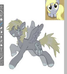 Size: 1139x1241 | Tagged: safe, artist:girl-bug 925, derpy hooves, screwball, pegasus, pony, g4, :d, alternate cutie mark, colored hooves, crying, flying, looking at you, looking up, looking up at you, open mouth, open smile, simple background, smiling, solo, spread wings, swirly eyes, white background, wings