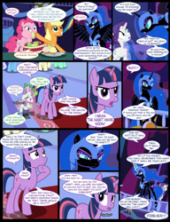 Size: 783x1021 | Tagged: safe, artist:dendoctor, applejack, nightmare moon, pinkie pie, rarity, spike, sweetie belle, twilight sparkle, alicorn, dragon, pony, unicorn, comic:queen of tartarus, friendship is magic, g4, ponyville, ponyville town hall