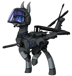 Size: 1088x1152 | Tagged: safe, artist:andromailus, oc, oc only, original species, plane pony, female, helicopter, hh-60 pave hawk, looking up, mare, minigun, open mouth, open smile, plane, raised hoof, simple background, smiling, solo, transparent background