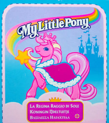 Size: 714x800 | Tagged: safe, sundance (g2), earth pony, pony, g2, official, backcard, castle, cloak, clothes, crown, dashed line, female, hoof hold, jewelry, mare, my little pony logo, name, regalia, shiny, solo, staff, text, unshorn fetlocks