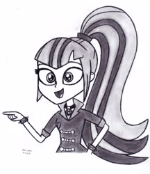 Size: 2495x2894 | Tagged: safe, artist:drchrisman, sonata dusk, human, equestria girls, g4, female, high res, monochrome, ponytail, simple background, solo, traditional art, white background