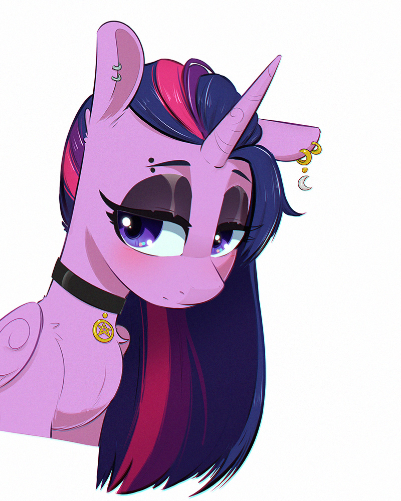 [alicorn,alternate hairstyle,blushing,choker,earring,emo,eyeshadow,female,frown,jewelry,makeup,mare,piercing,pony,safe,simple background,solo,twilight sparkle,white background,eyebrow piercing,ear piercing,lidded eyes,twilight sparkle (alicorn),artist:inkypuso,emo twilight]